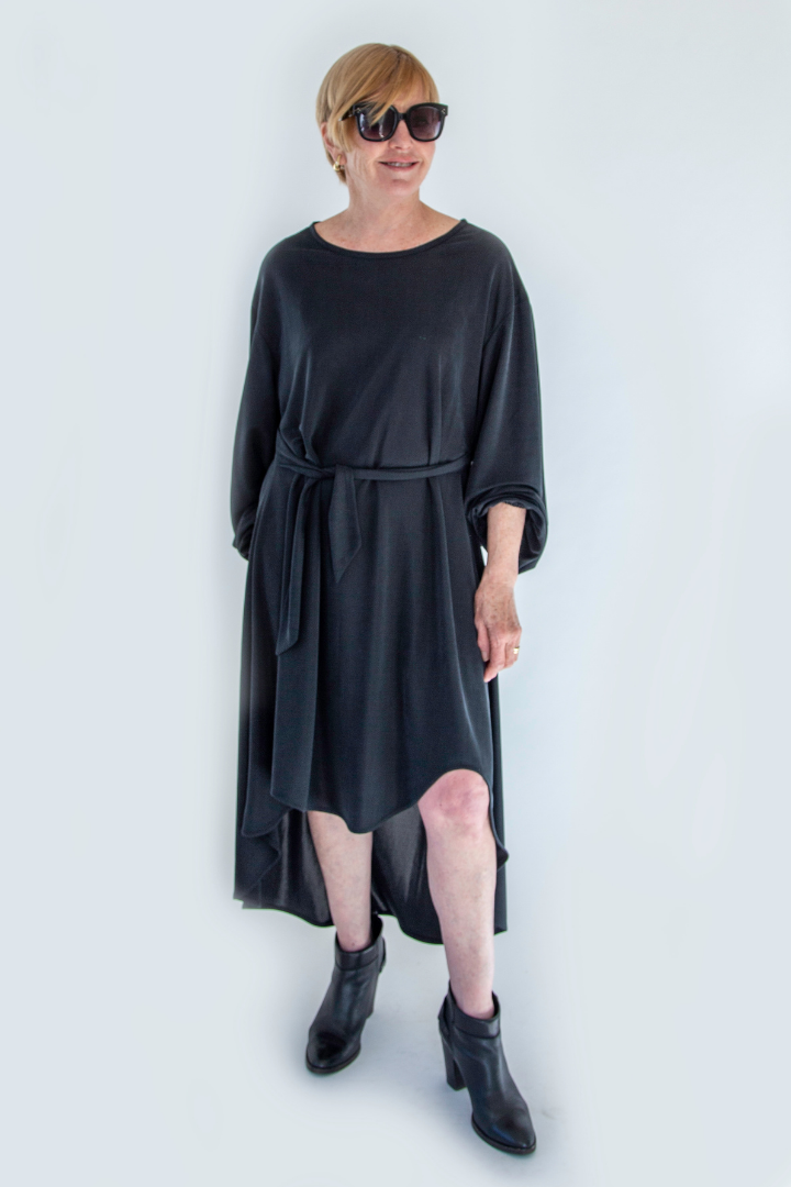 Dressed Relaxed High-Low Hem Dress with Puff Sleeve